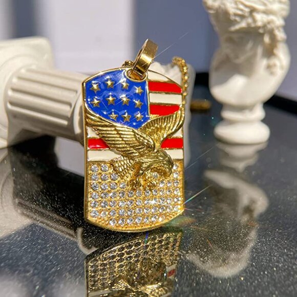 Gold American Flag Eagle Dog Tag Pendant Stainless Steel Patriotic Necklace - Picture 6 of 10